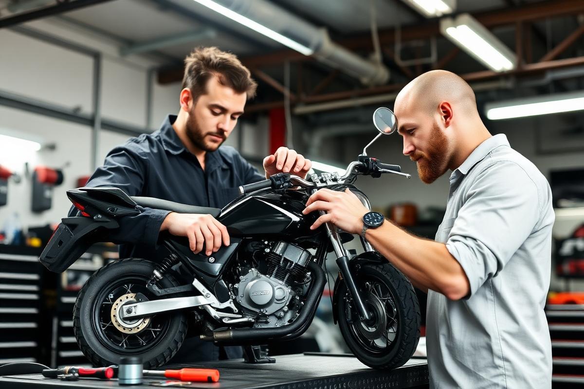 Technician inspecting a minibike engine in a workshop